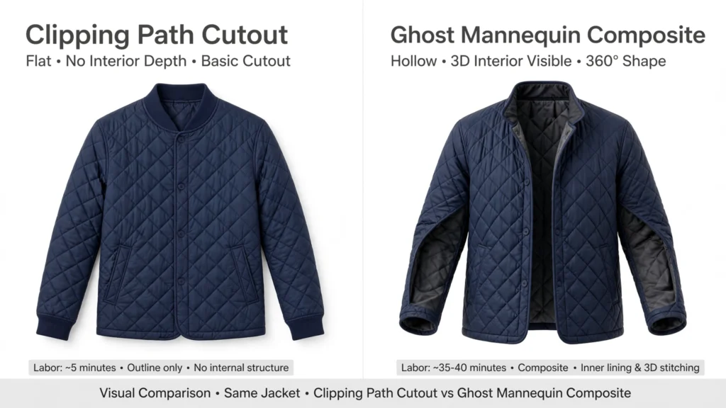 Clipping path cutout compared to ghost mannequin editing on the same garment
